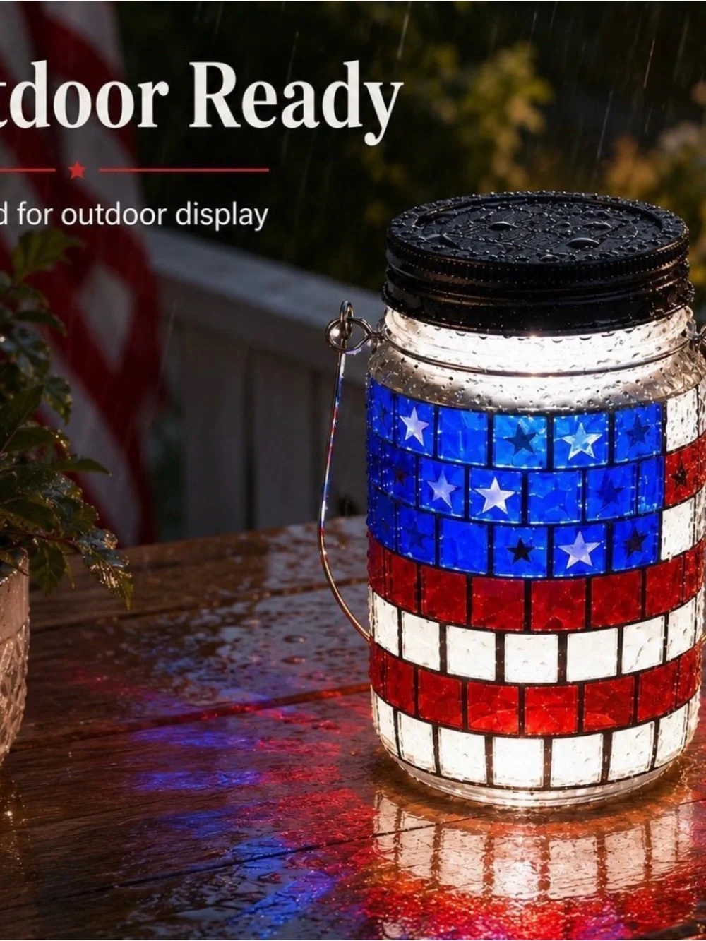 Solar Power Patriotic Mosaic Mason Jar Lantern